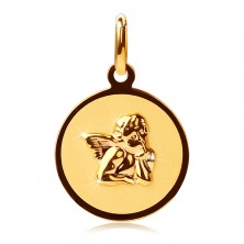 Gold 14 karat round pendant - matt surface with 3D angel