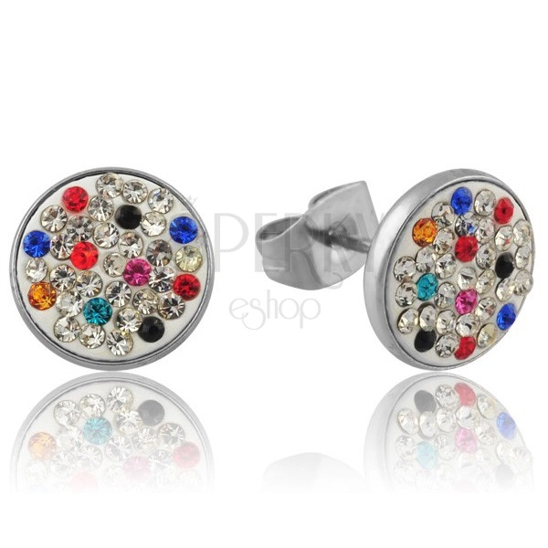 Decorative stud earrings made of steel - colourful zircons
