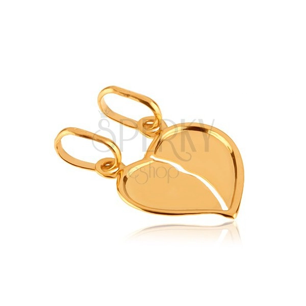 Gold double pendant 585 - shiny broken heart with bent edge