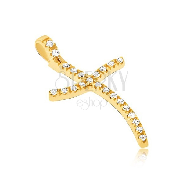 585 gold pendant - narrow cross with wavy tips and zircons