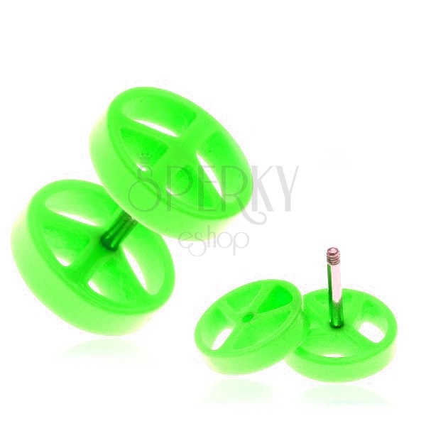 Acrylic fake plug for ear - green, "peace" symbol