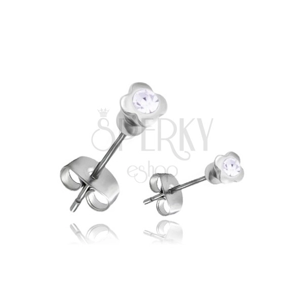 Steel earrings - silver shamrock with clear zircon