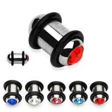 Steel ear plug with colourful zircon and two rubber O-rings