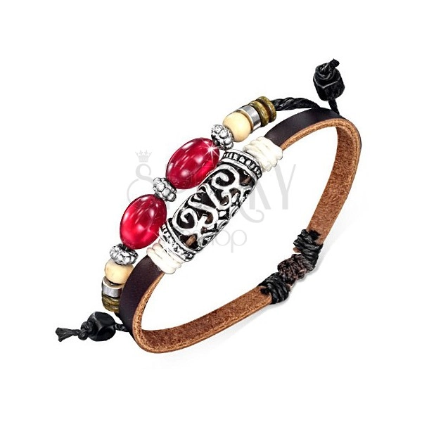 Double bracelet - brown strip, string, decorative roller, beads