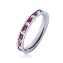 Steel ring - wedding ring, alternating clear and red zircons