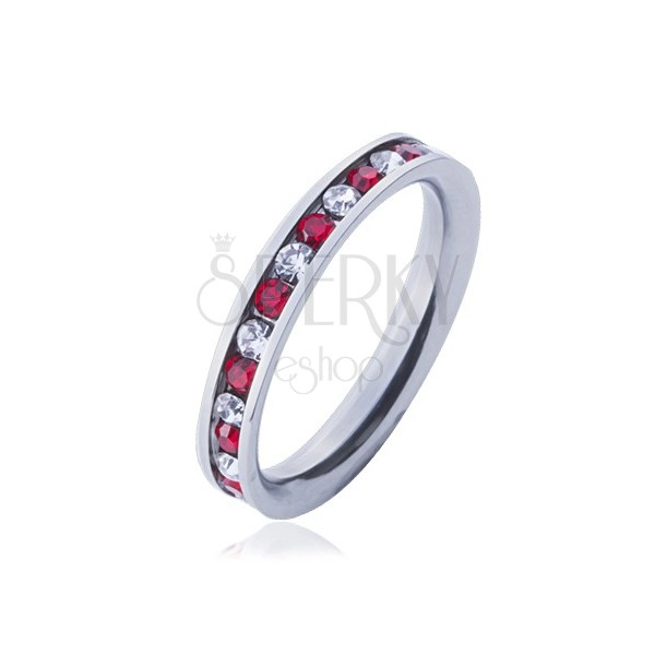 Steel ring - wedding ring, alternating clear and red zircons
