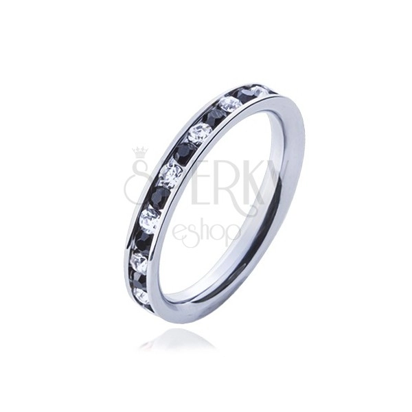Steel ring - clear and black stones