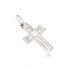 Pendant made of white 14K gold - cross with rectangular cut-out and zircon