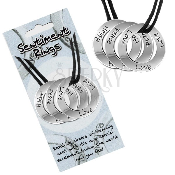 Black string necklace - three rings, inscription "Love, Peace, Happy"
