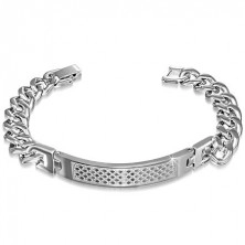 Shiny wrist bracelet made of steel in silver colour, engraved tag