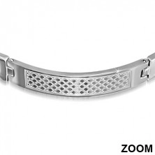 Shiny wrist bracelet made of steel in silver colour, engraved tag