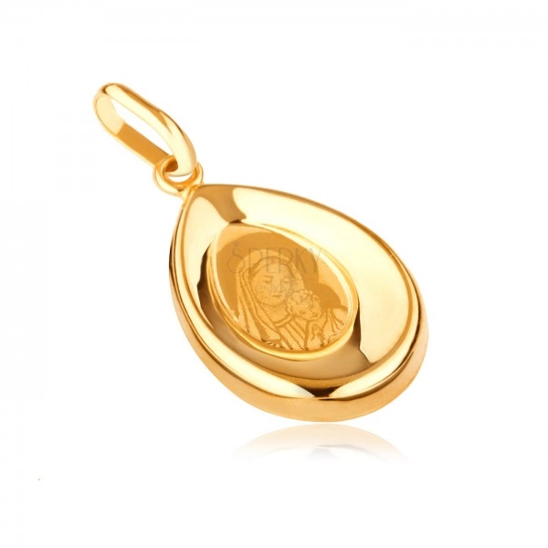 Gold pendant - tear with hollowed centre and figure of Virgin Mary