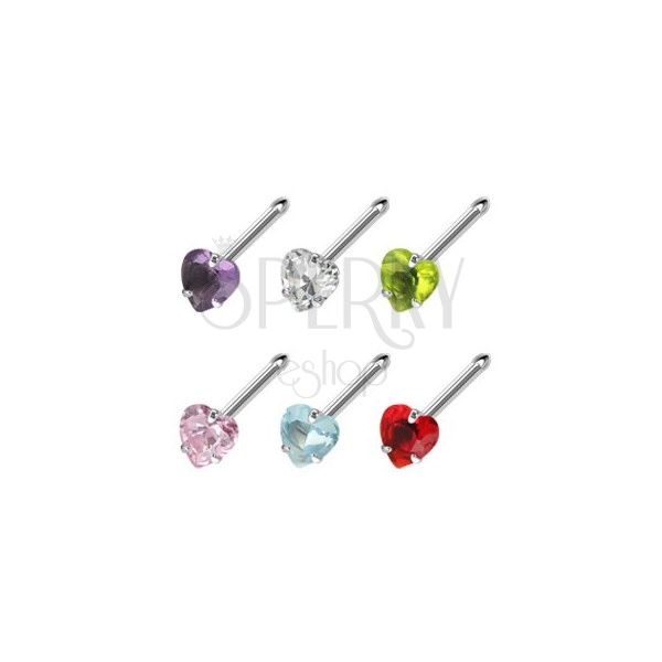 Nose steel piercing with colorful heart-shaped zircon
