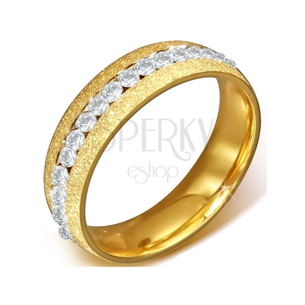 Steel ring - gold sandblasted wedding ring, round clear zircons
