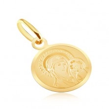 Gold flat pendant - round medal with Madonna and child