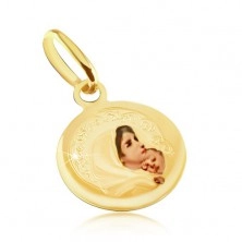 Gold pendant - round medal, Virgin Mary, transparent glaze