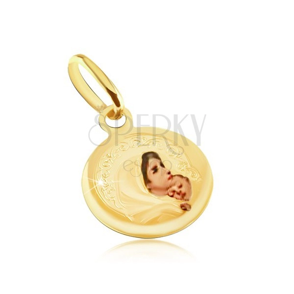 Gold pendant - round medal, Virgin Mary, transparent glaze