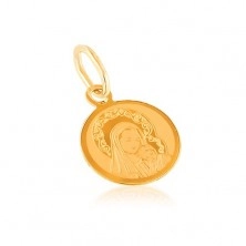 Gold 14K pendant - round medal, engraved Mother of God with child