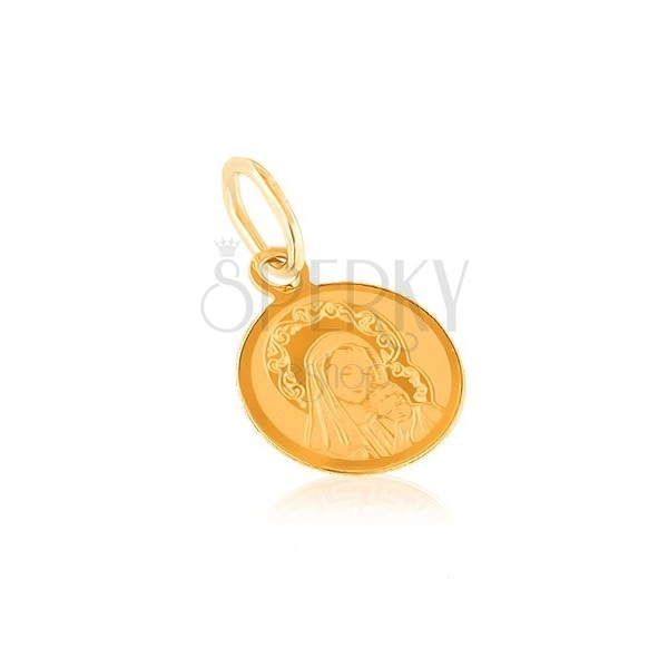 Gold 14K pendant - round medal, engraved Mother of God with child