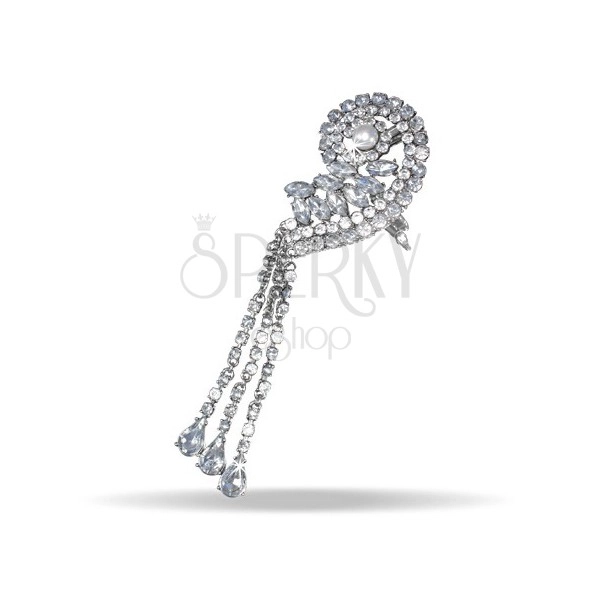 Metal one ear earring with clear zircons and pearl