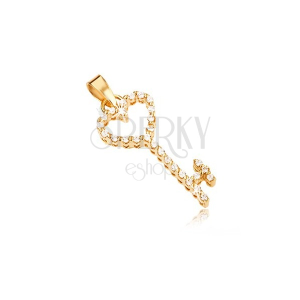 Gold pendant - heart key inlaid with clear zircons