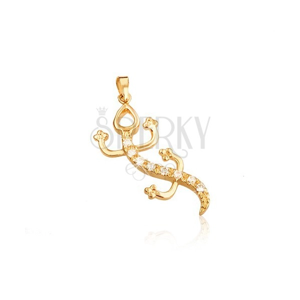 Gold pendant - shiny lizard in gold colour, circular clear zircons