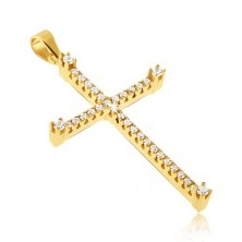 Gold pendant - big Latin cross, clear zircons, protuberant edges