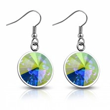 Dangling steel earrings - round, rainbow zircon, 18 mm