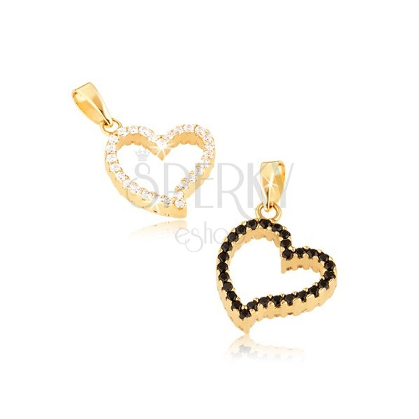Gold pendant, irregular heart contour, two-tone design, zircons