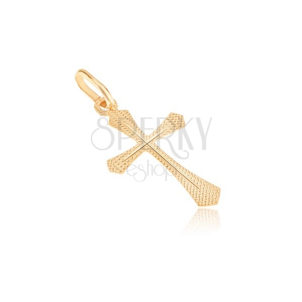 Pendant made of gold 14K - flat cross, sparkling grooved surface