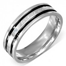 Steel ring with declaration of love, clear zircon, black grooves