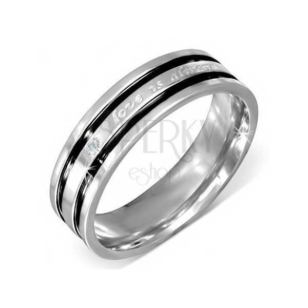Steel ring with declaration of love, clear zircon, black grooves