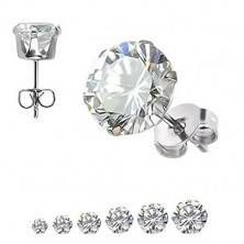Steel stud earrings, round clear zircon, different sizes