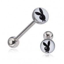 Steel tongue piercing - black and white bunny with bow tie