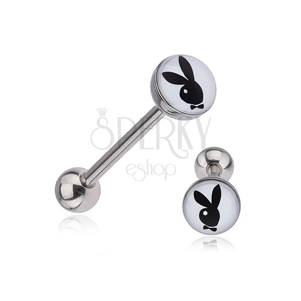 Steel tongue piercing - black and white bunny with bow tie
