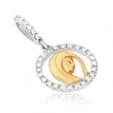 Gold pendant - medal contour with zircons, head of woman, two-tone