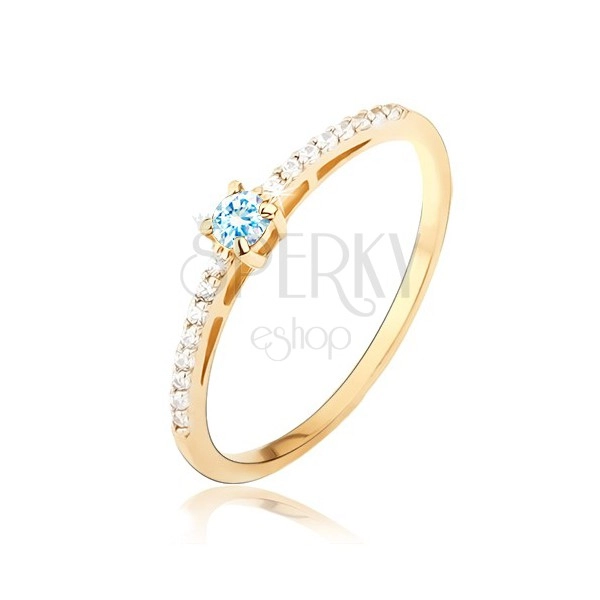 Ring made of yellow gold 14K - glossy and smooth, blue stone, tiny zircons