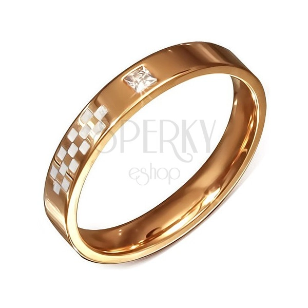 Pink gold wedding ring made of steel, white chessboard, zircon