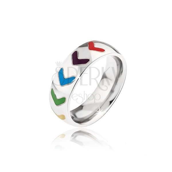 Shiny band ring made of steel, colourful arrows with glaze