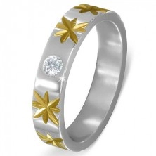 Silver steel ring with gold stars and clear zircon