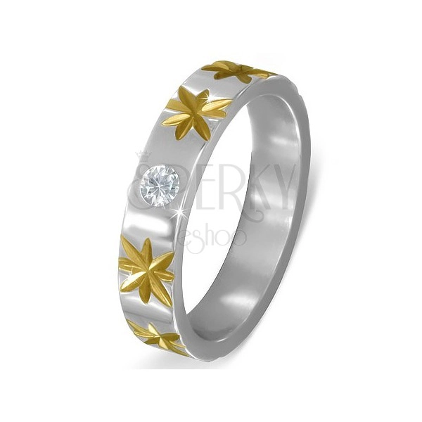 Silver steel ring with gold stars and clear zircon