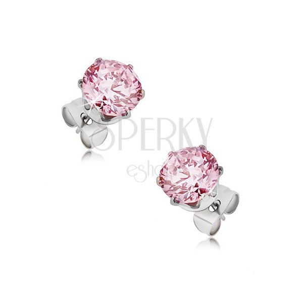 Steel stud earrings - round pink zircon, different sizes