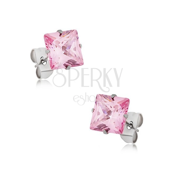 Stud earrings made of steel, pink square zircon - different sizes