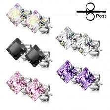 Stud earrings made of steel, pink square zircon - different sizes