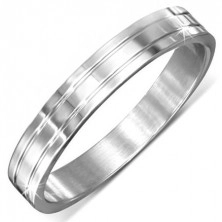 Glossy steel band ring in silver colour, two horizontal grooves