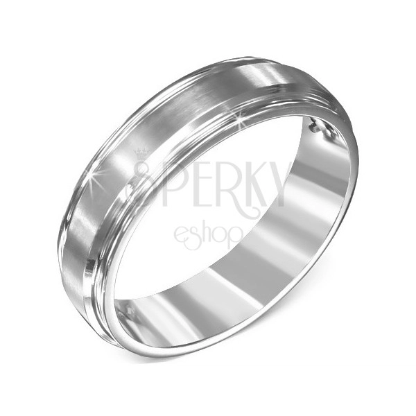 Band ring made of surgical steel - protuberant matt central stripe, two grooves