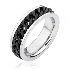 Silver band ring made of stainless steel with spinning black chain