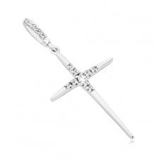 Pendant made of white gold - narrowed cross with zircon centre and clasp