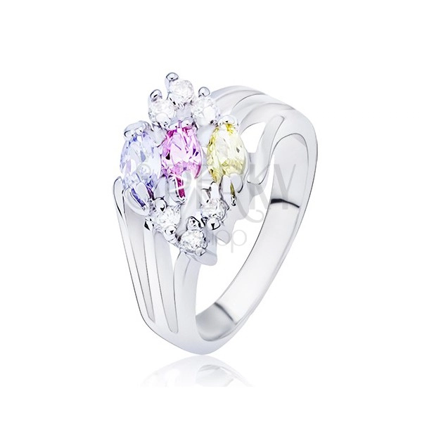 Shiny ring in silver colour, split shank with colourful oval zircons