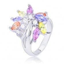 Silver ring with colourful zircon fan